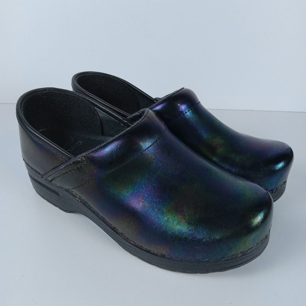 Dansko Iridescent Black and Purple Mules